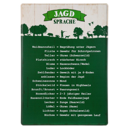 Metallschild „Jägersprache“